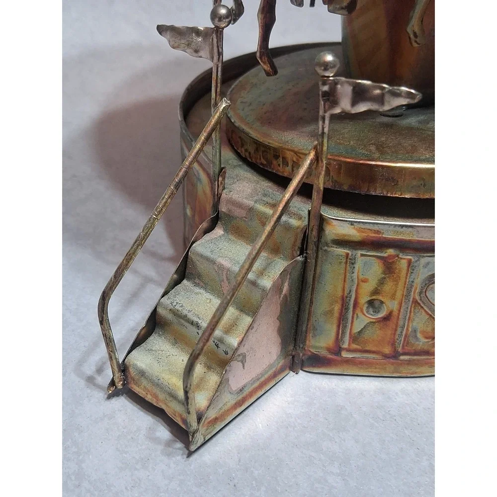 VTG Tin Copper Rotating Carousel Music Box Works 60's Brutalist Merry Go Round